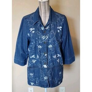 Allison Daley Denim Jacket Embroidered Floral Brass Botton 3/4 Sleeves Sz 14